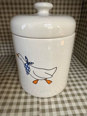 White Ceramic Goose Canister with Blue Gingham Scarf 9’inch cookie jar, storage